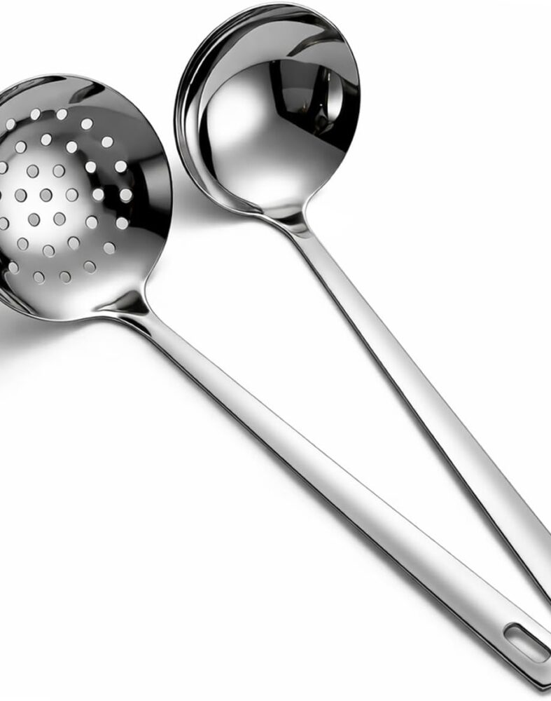 Berglander Slotted Spoons and Kitchen Ladle Spoon Set 2 Pcs, Stainless Steel Kitchen Spider Strainer Skimmer Soup Ladle for Straining Pasta/Cooking/Frying, Serving Soup/Gravy, Metal Kitchen Utensils