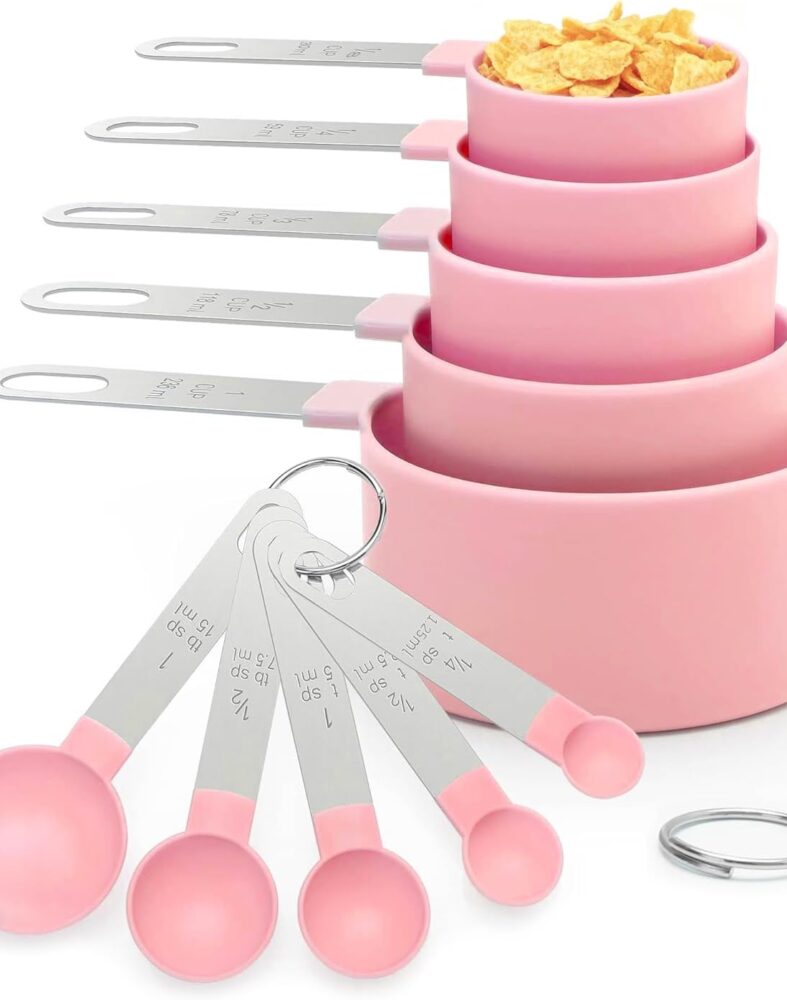 Measuring Cups and Spoons Set, 10 Pieces Stackable Measure Tools with Stainless Steel Handles, Kitchen Gadgets for Cooking & Baking (Pink)