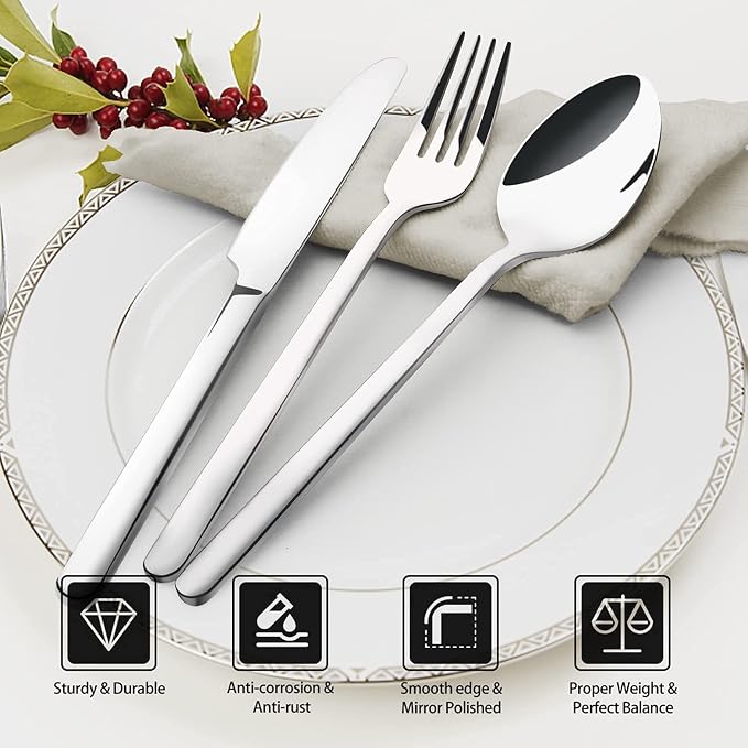 KINGSTONE Silverware Set, 20 Piece Flatware Cutlery Set for 4, 18/10 Stainless Steel Silverware Mirror Polished Dishwasher Safe for Home, Restaurant, Wedding, Party(Silver, 20 pieces for 4) - Image 6
